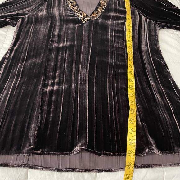 Chicos Tunic Top Womens 1 Medium Brown Velvet Beaded Boho Long Sleeve Shirt - Picture 5 of 7